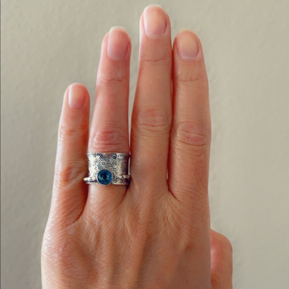 Fidget Ring Blue Topaz Spinner Sterling Silver Artisan Anxiety Ring - Picture 2 of 10